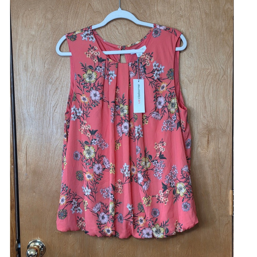 Liz Claiborne Coral Floral Bubble Hem Sleeveless Blouse Shell XXL NWT Career